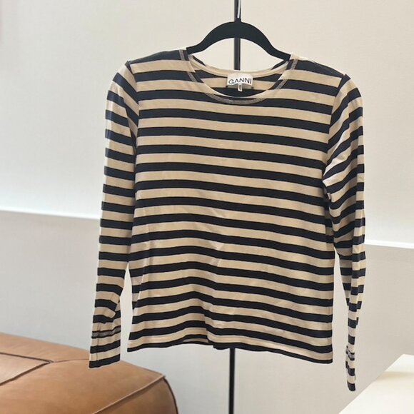 GANNI – Striped 100% Cotton Long Sleeve T-Shirt– Cream&Navy – XS/S - Picture 1 of 6